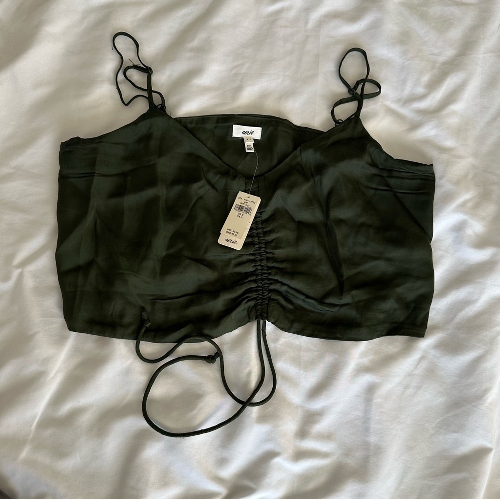 Aerie Satin Cinched Cropped Tank Top Olive - Picture 8 of 9